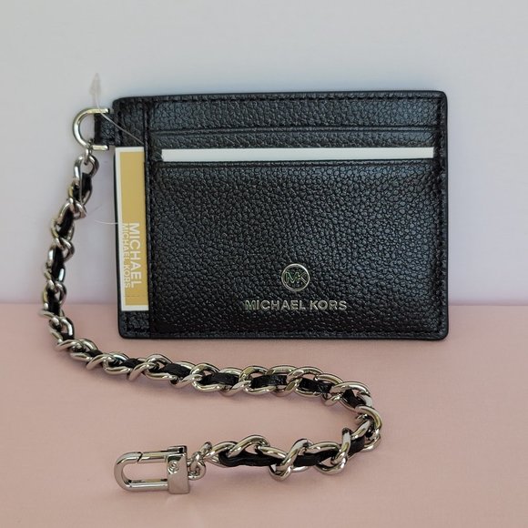 MICHAEL KORS Jet Set Small ID Pebbled Leather Chain Card Holder Case- Black⭐ - Picture 2 of 16